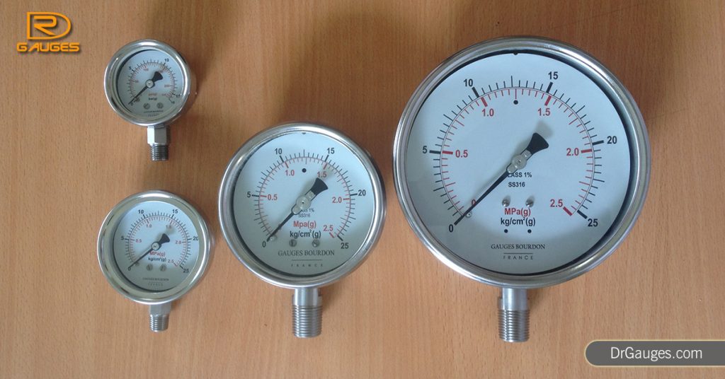 Hình Đồng hồ áp suất có đường kính mặt 50, 63, 100, 150mm
