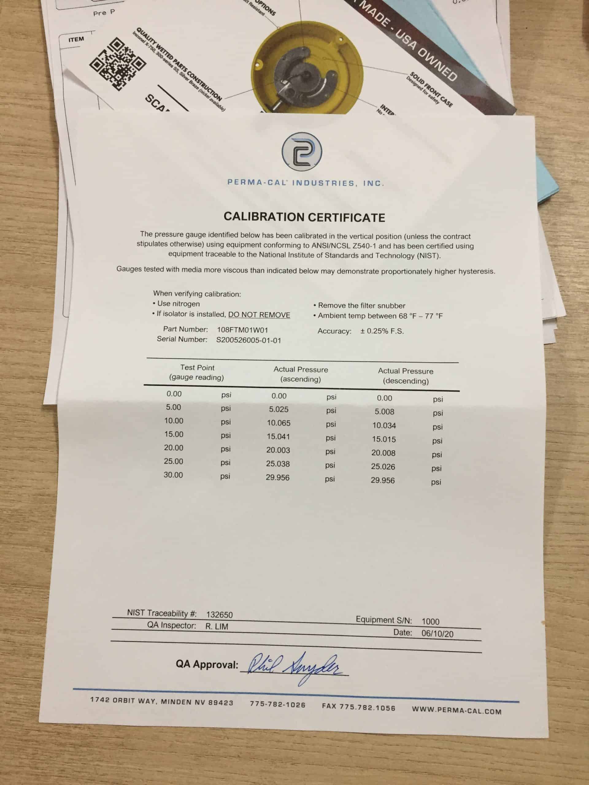 Perma Cal Calibration Certificate